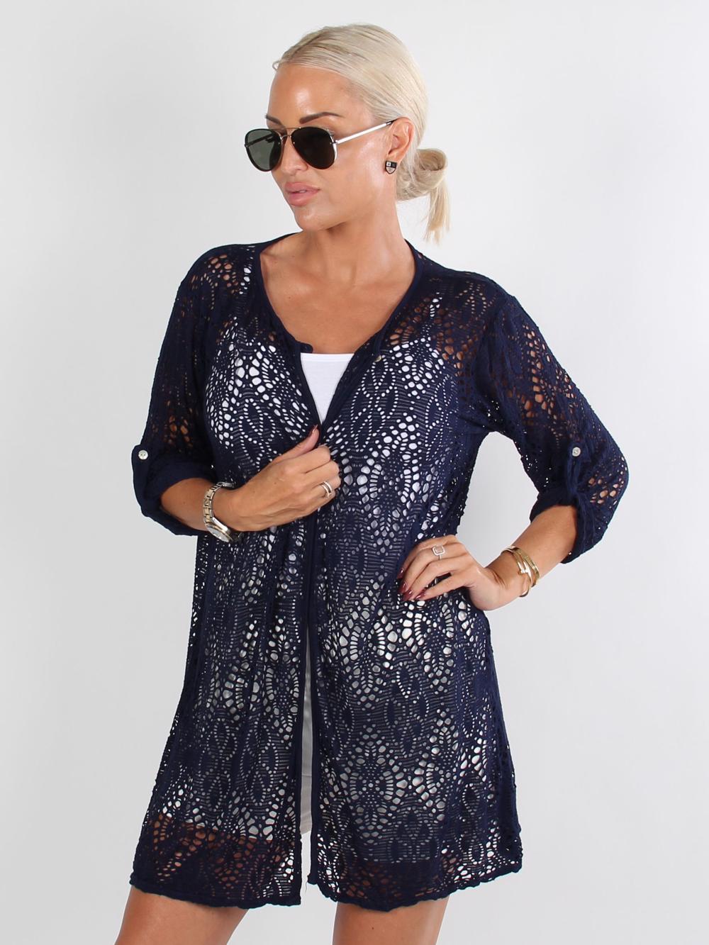 Long Madelyn - Armygrøn cardigan i hæklet look